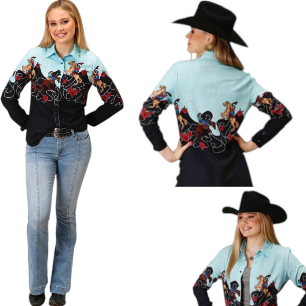 Roper Cowgirl Rider Western Shirt Blue Black Rayon - See measurements - Picture 2 of 10